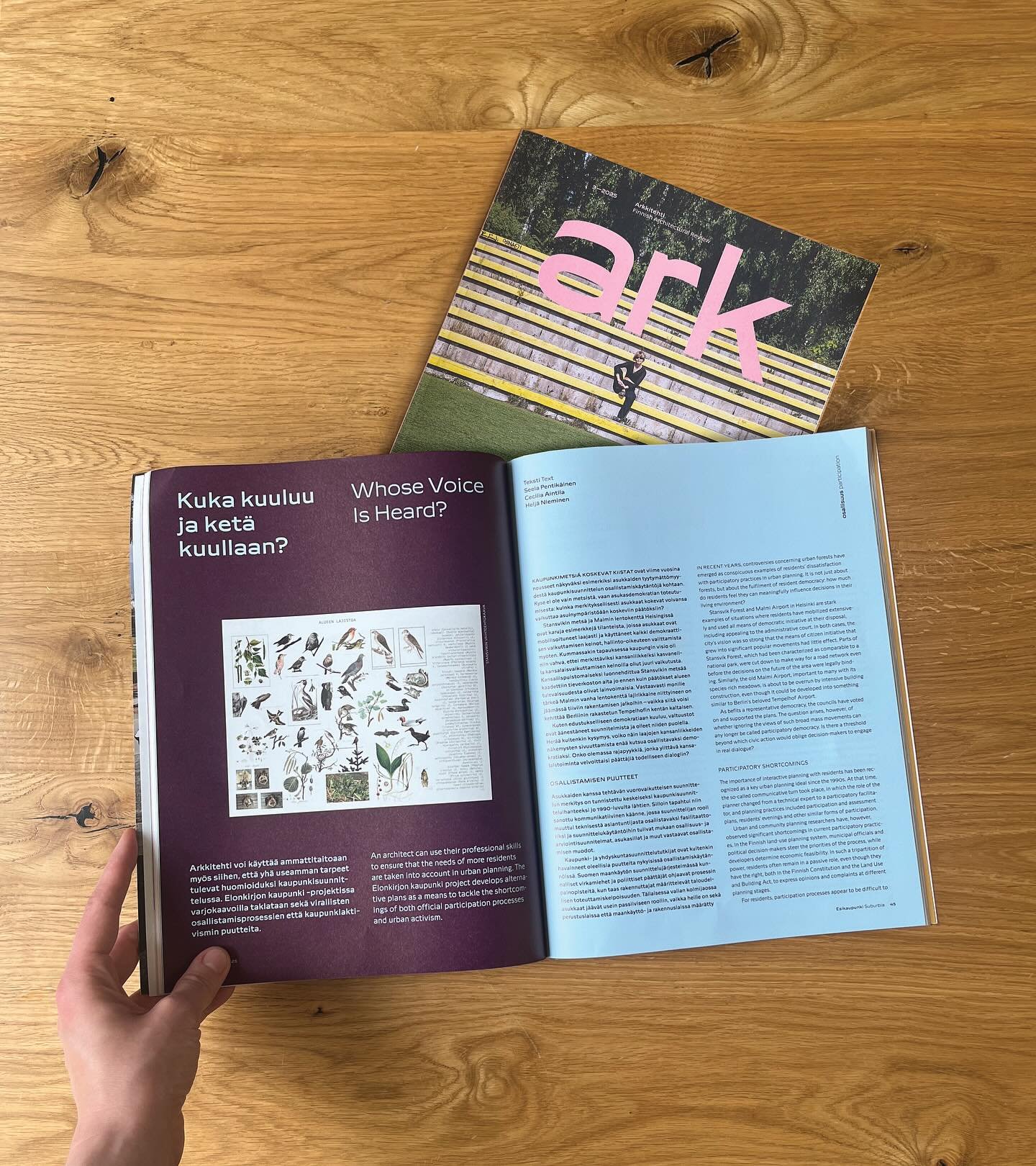 Kirjoitimme Elonkirjon kaupunki -hankkeesta Arkkitehti-lehteen (nro 3/2025 Esikaupunki). 
&quot;Vaihtoehtokaava tekee konkreettiseksi sellaiset arvot, n&auml;k&ouml;kulmat ja tiedon muodot, jotka eiv&auml;t istu hallinnollisen suunnitteluj&auml;rjest