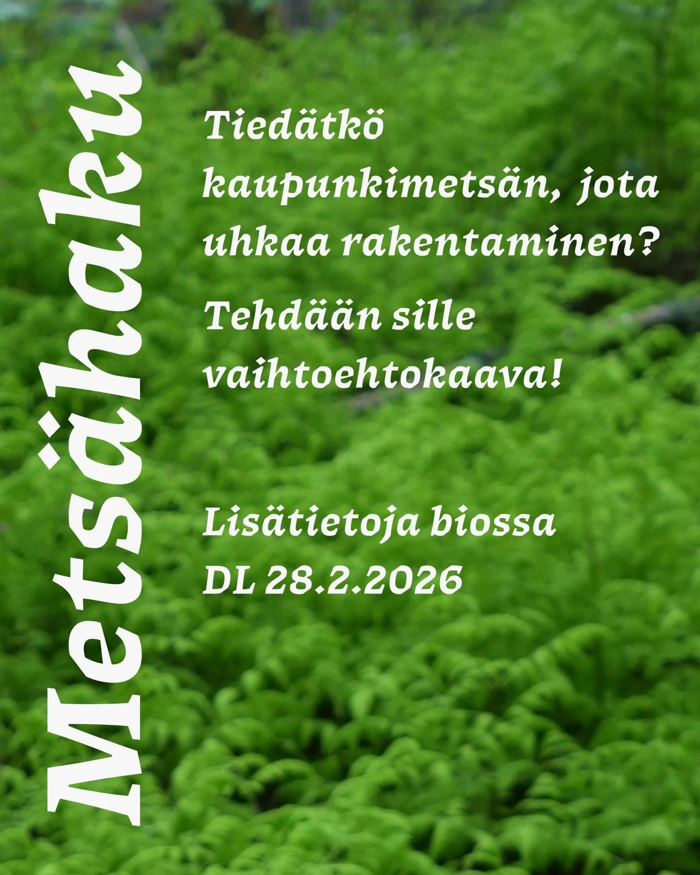 Tied&auml;tk&ouml; kaupunkimets&auml;n, jota uhkaa rakentaminen? Elonkirjon kaupunki -hankeessa etsimme paikkoja, jotka tarvitsevat vaihtoehtokaavaa.&nbsp; 

Tavoitteenamme on edist&auml;&auml; elonkirjoa vaalivaa kaupunkisuunnittelua ja tuoda asukka