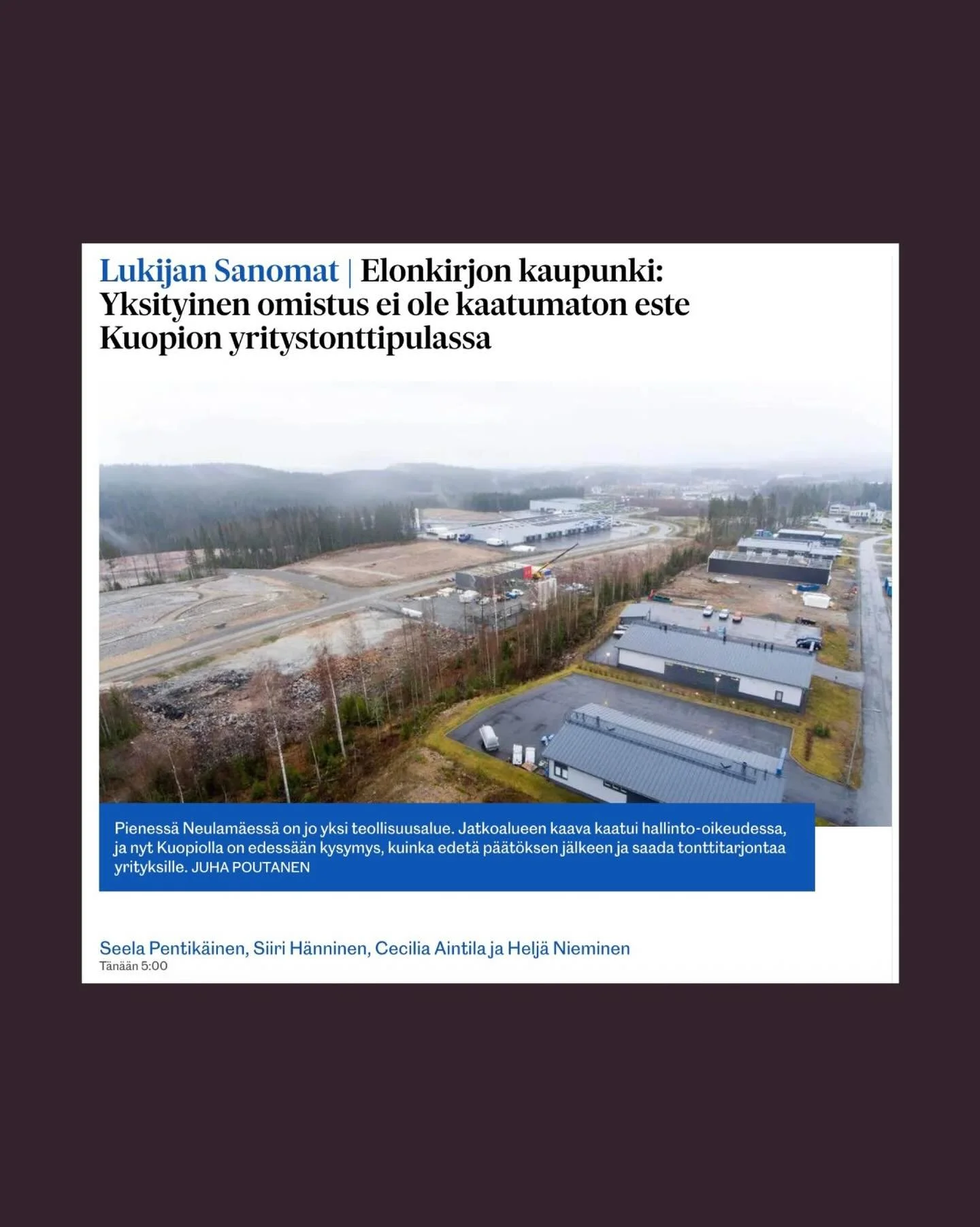 Kirjoitimme mielipidekirjoituksen Savon Sanomiin 📰

Tekstiss&auml; tarkastelemme Kuopion Pienen Neulam&auml;en II -alueen kaavoitusta ja esittelemme Elonkirjon kaupunki -hankkeen laatiman vaihtoehtokaavan kumotun asemakaavan tilalle. It&auml;-Suomen