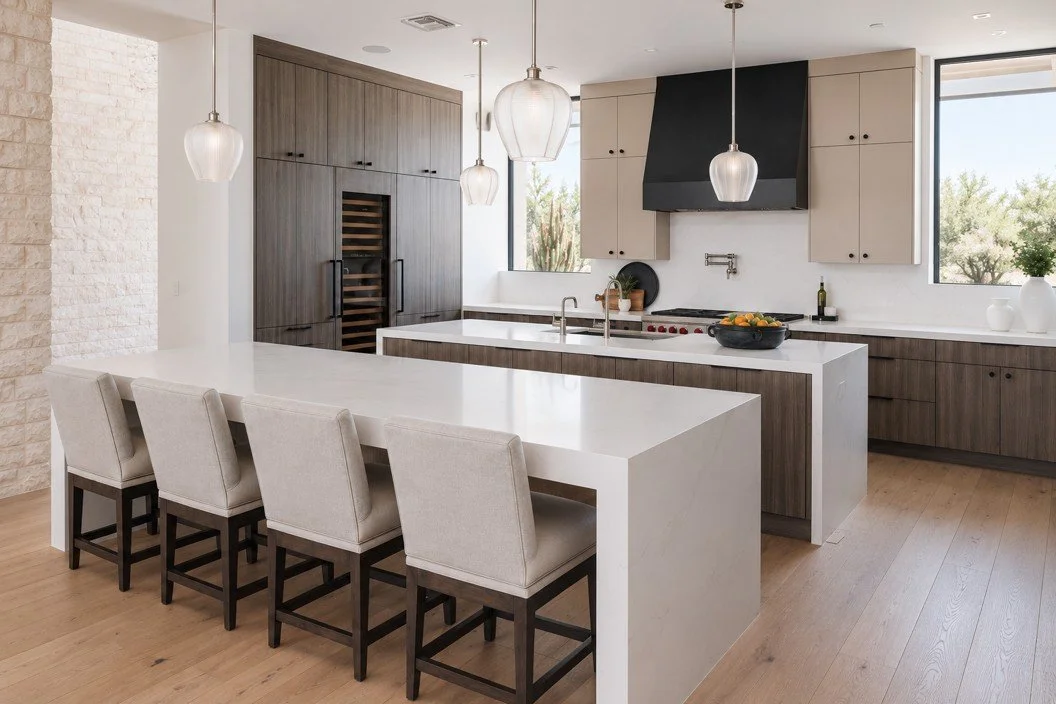 Modern Scottsdale custom home kitchen with waterfall islands, custom cabinetry and pendant lighting by Ashley Marie Interiors.