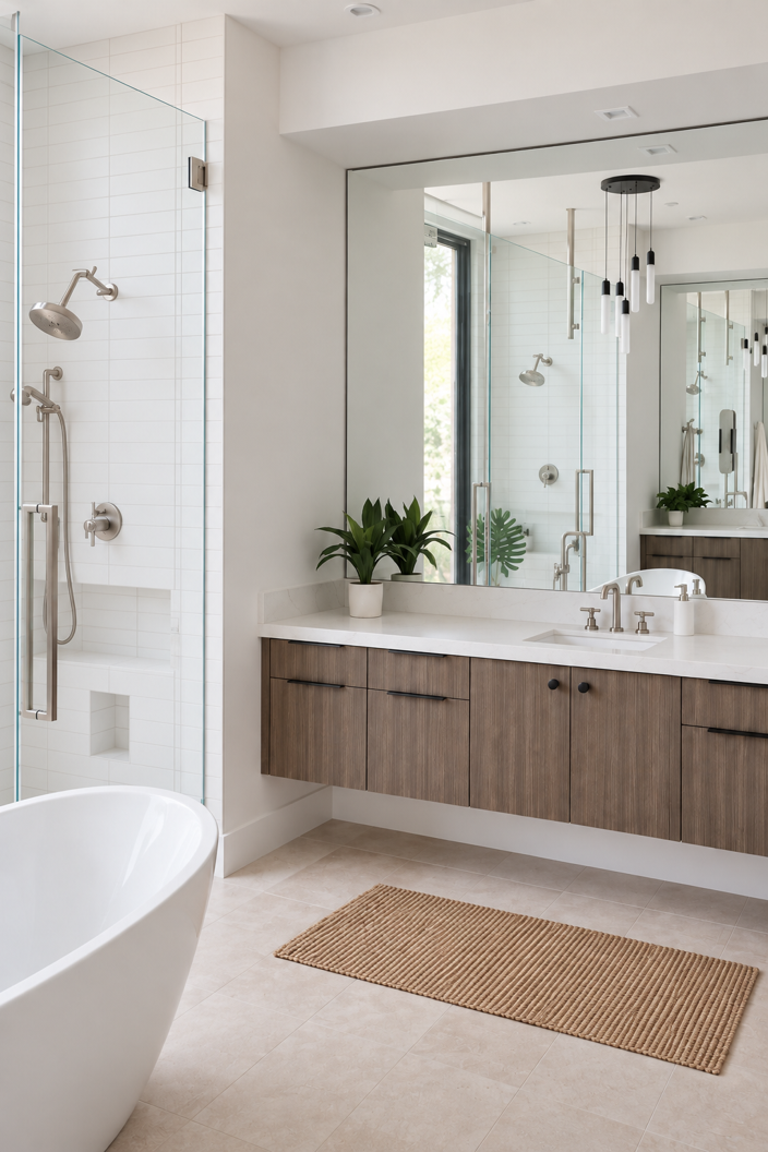 Scottsdale primary bathroom with floating vanity, freestanding tub and custom lighting