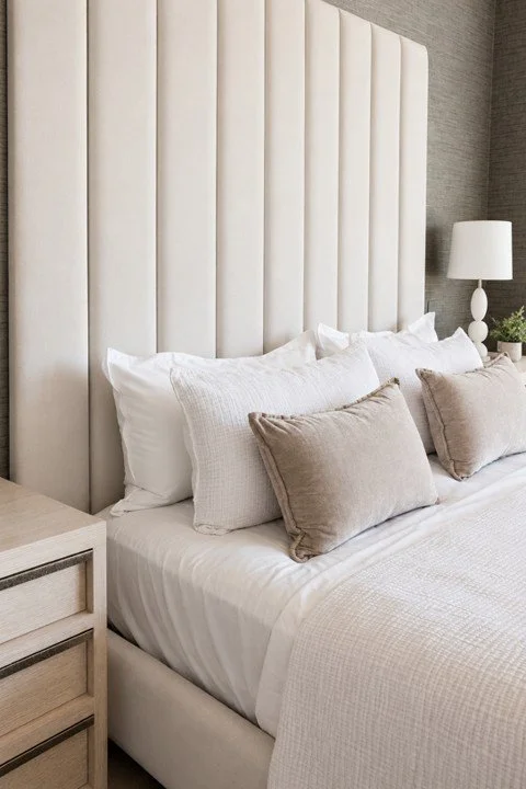 Neutral custom home bedroom with a floor-to-ceiling upholstered headboard, layered bedding, and contemporary furnishings by Ashley Marie Interiors.
