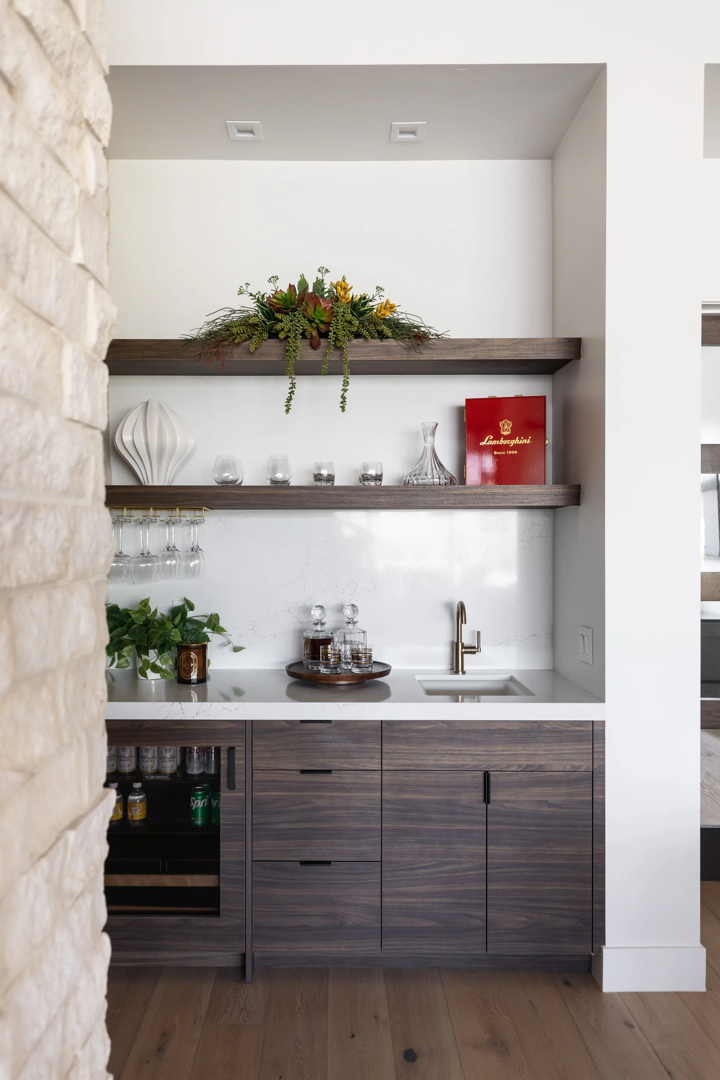 Custom built-in bar with wood cabinetry in Scottsdale Arizona by Ashley Marie Interiors