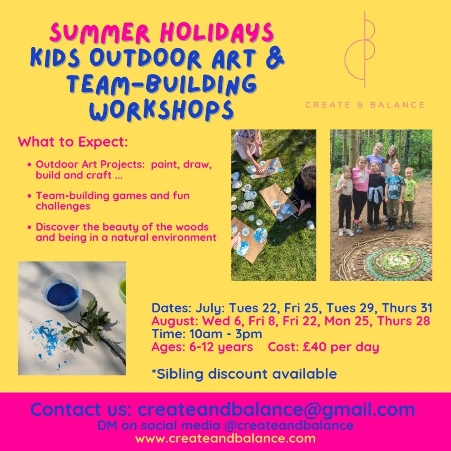 Stuck for what to do with your kids I er the summer holidays?  Here's the answer....

Join us for fun-filled creativity and teamwork in the woods! Explore nature, discover your artistic talents, and get involved with fun outdoor&nbsp;activities..

Da