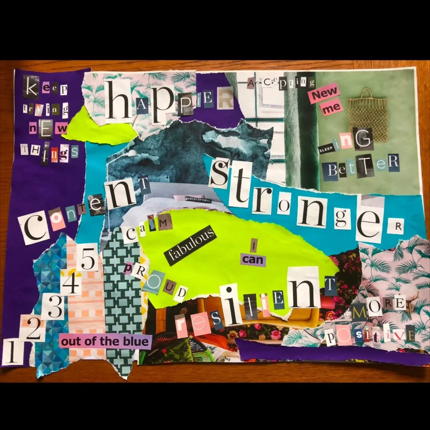 This gorgeous collage was created by one of my clients &mdash; a visual journey capturing their progress from when we first began working together to where they are now. 

Through solution-focused therapy and creative expression, she has discovered s