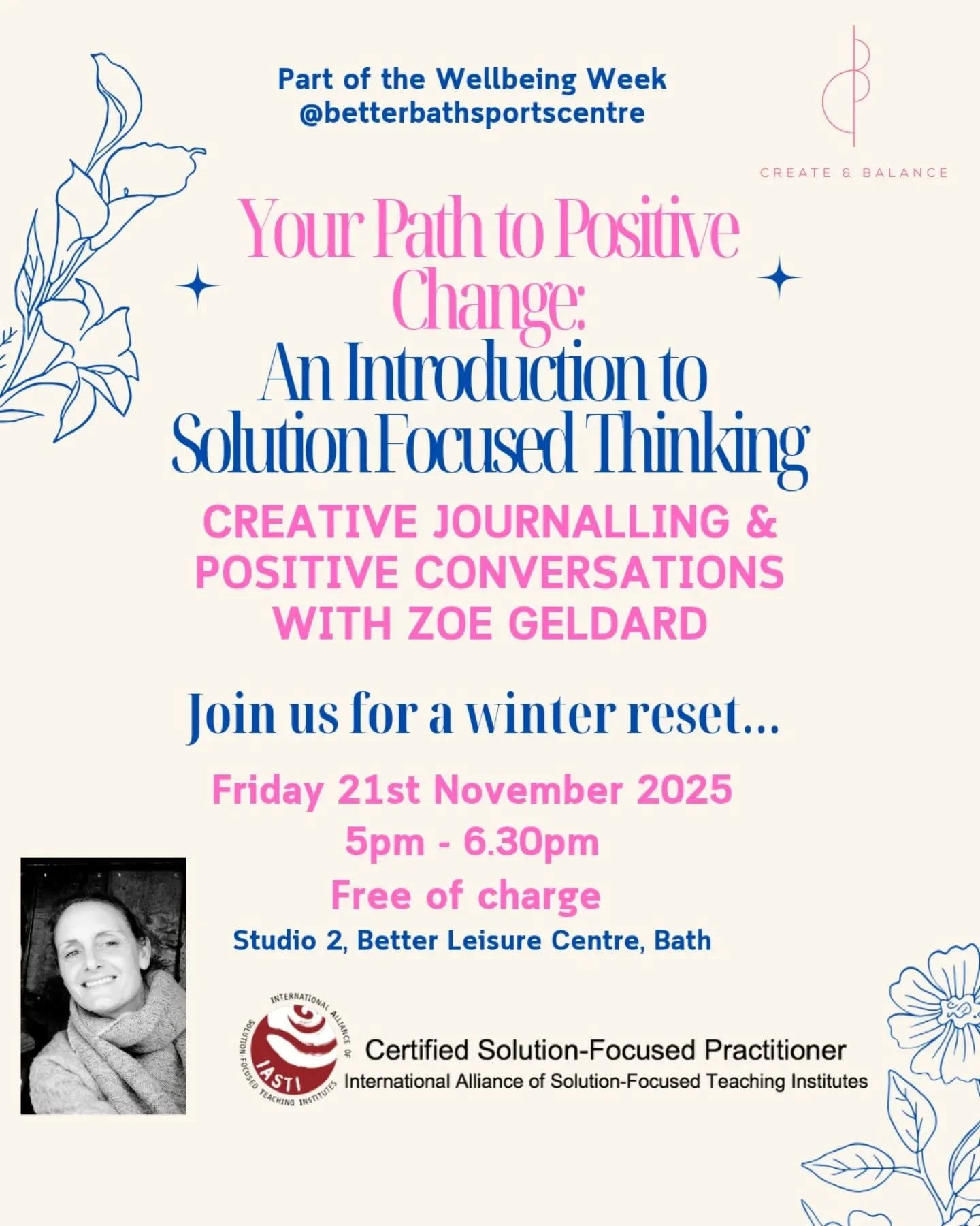 I'm so delighted to be doing this session in collaboration with @betterbathsportscentre @missjarv_bikiniwellnesspro for the Better Gym Wellbeing Week:

&quot;Your Path to Positive Change:
An Introduction to Solution-Focused Thinking&quot;
Fri 21st No