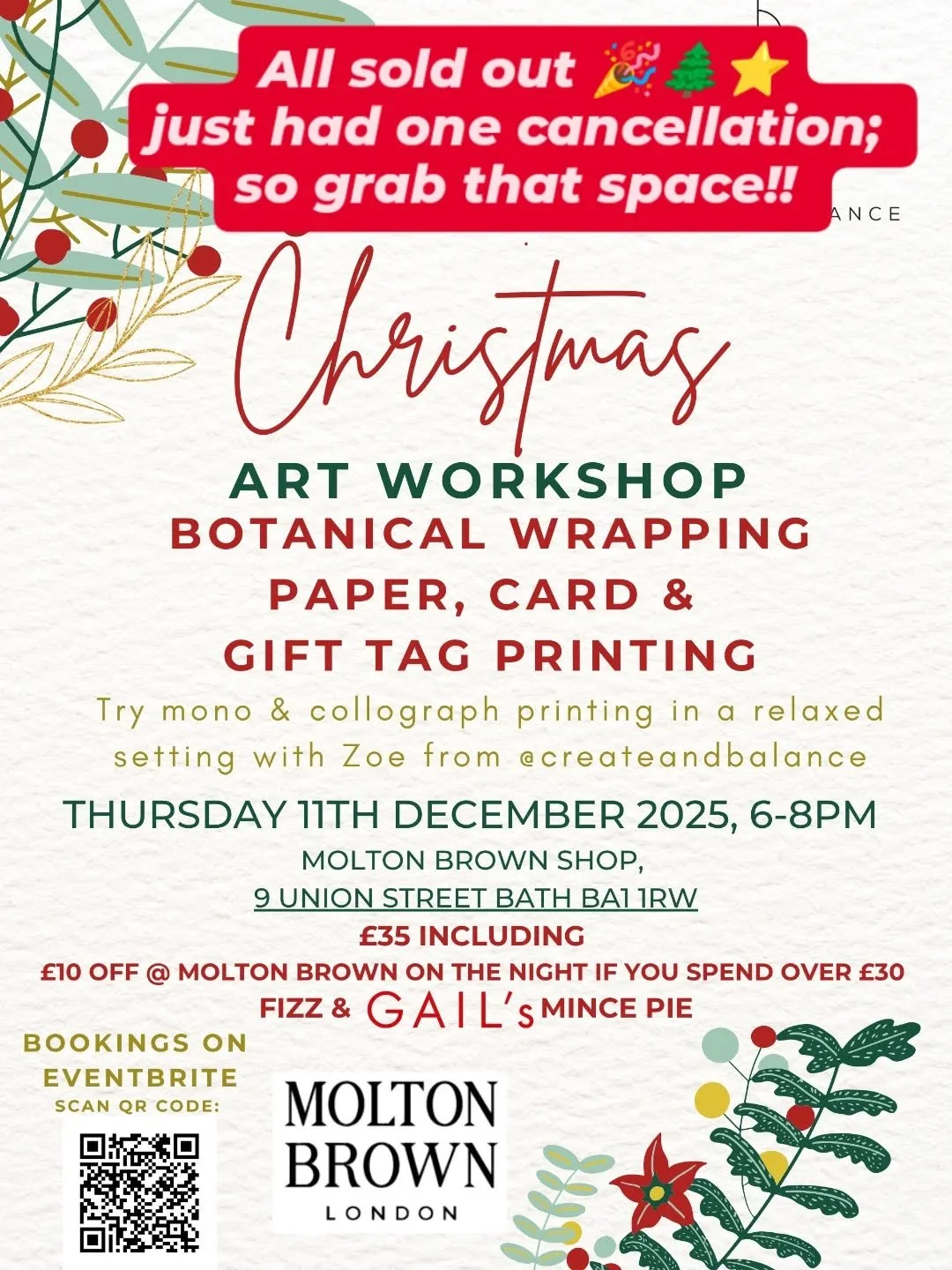So excited the workshop sold out in no time!
Just had a cancellation though...💖🌲⭐

So if you're quick you can join us next Thursday 11th Dec for a gorgeous workshop, printing cards, paper and tags in Molton Brown with Gail's mince pies and Fizz..

