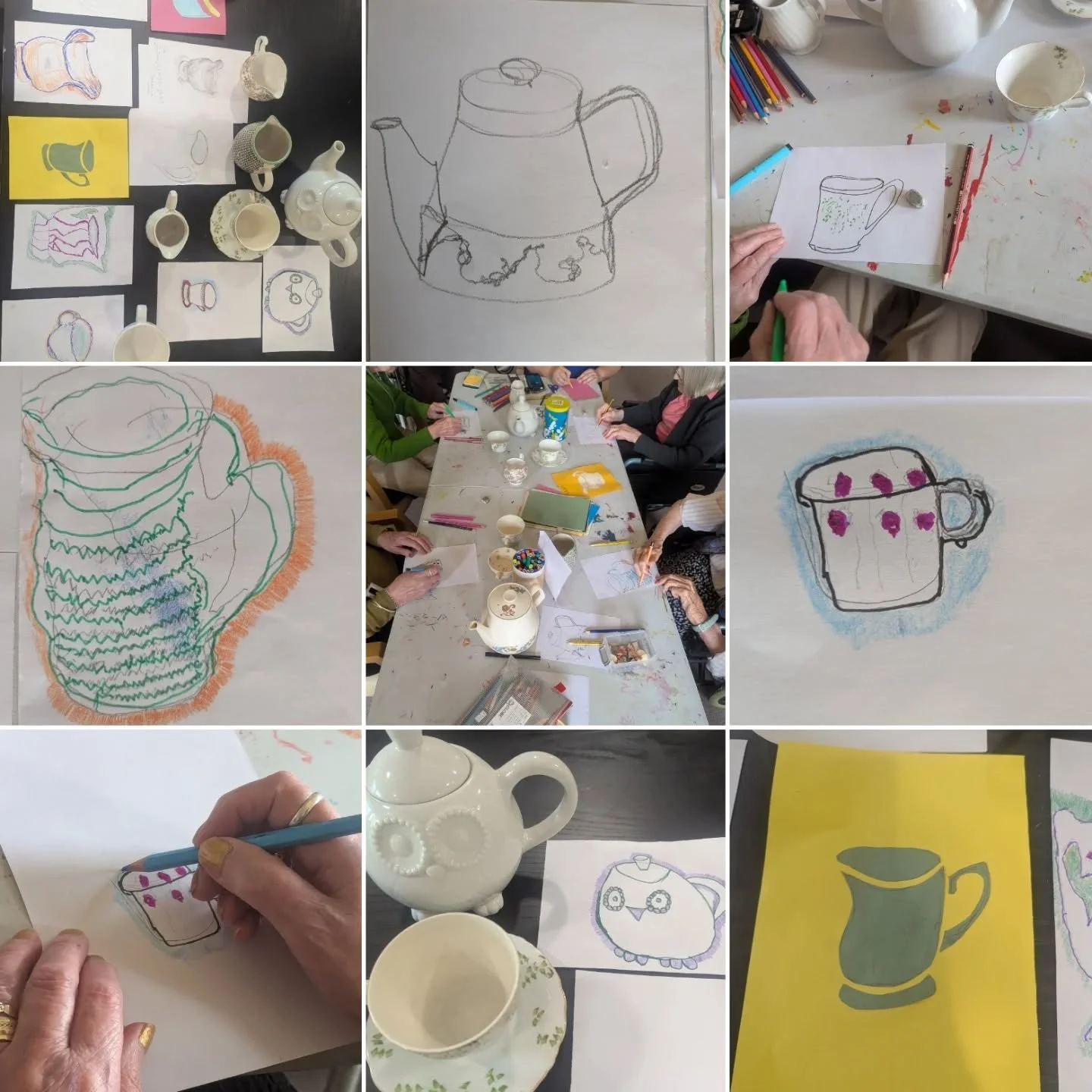 This month my gorgeous Bath elderly residents have been so creative with their varied and brilliant works...
We got the fine china out and drew using continuous line and cutouts too...
Everyone loved looking at the lovely tea sets and really got into