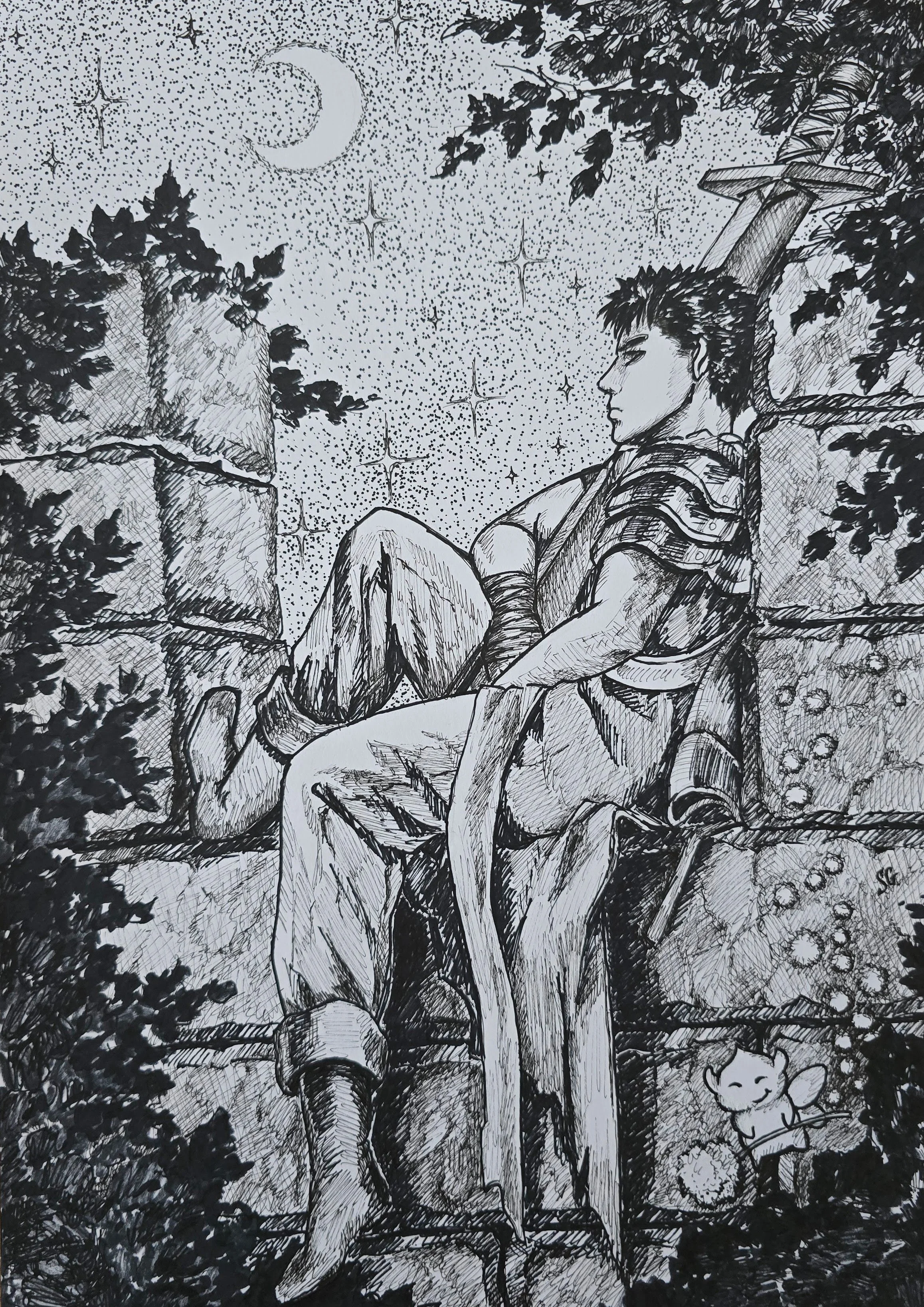 Original drawing of Guts from Berserk enjoying a rare moment of peace before the next battle. With a complementary Puck, who is up to no good as usual. My favorite manga / anime. 