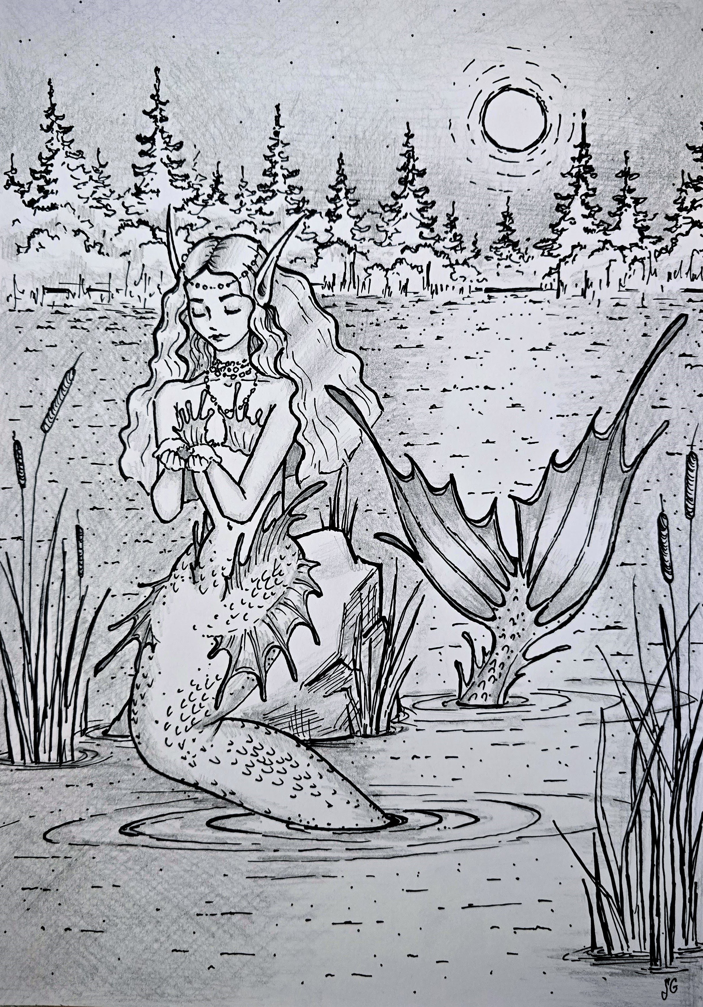 A black and white line drawing of a female mermaid with long, wavy hair and a crown of beads on her head. She is sitting with her hands crossed over her chest, eyes closed, surrounded by tall grasses and reeds near a body of water. A large dragonfly 