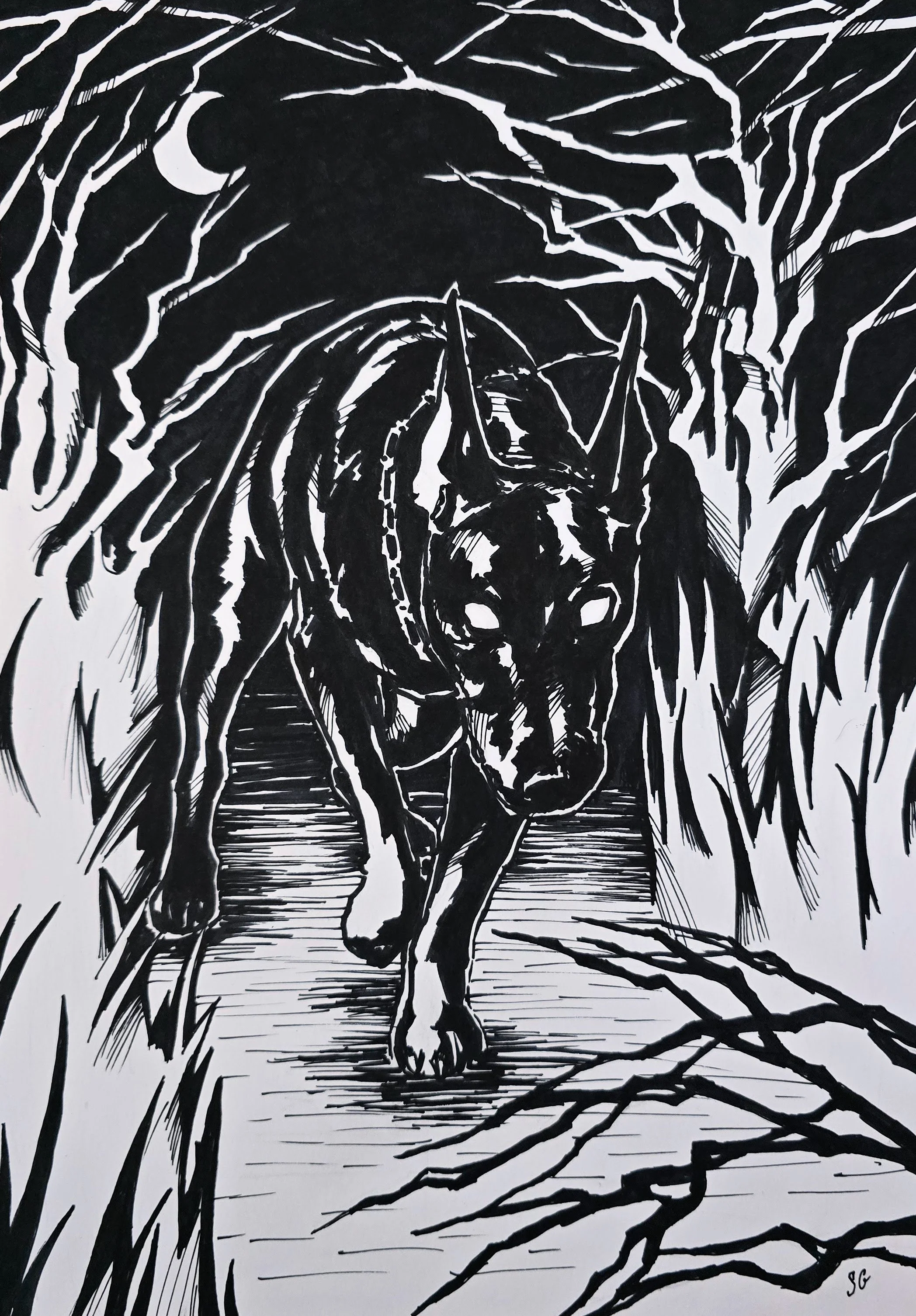 Black and white illustration of a wild dog with a chain collar walking along a branch with tree branches above and around.