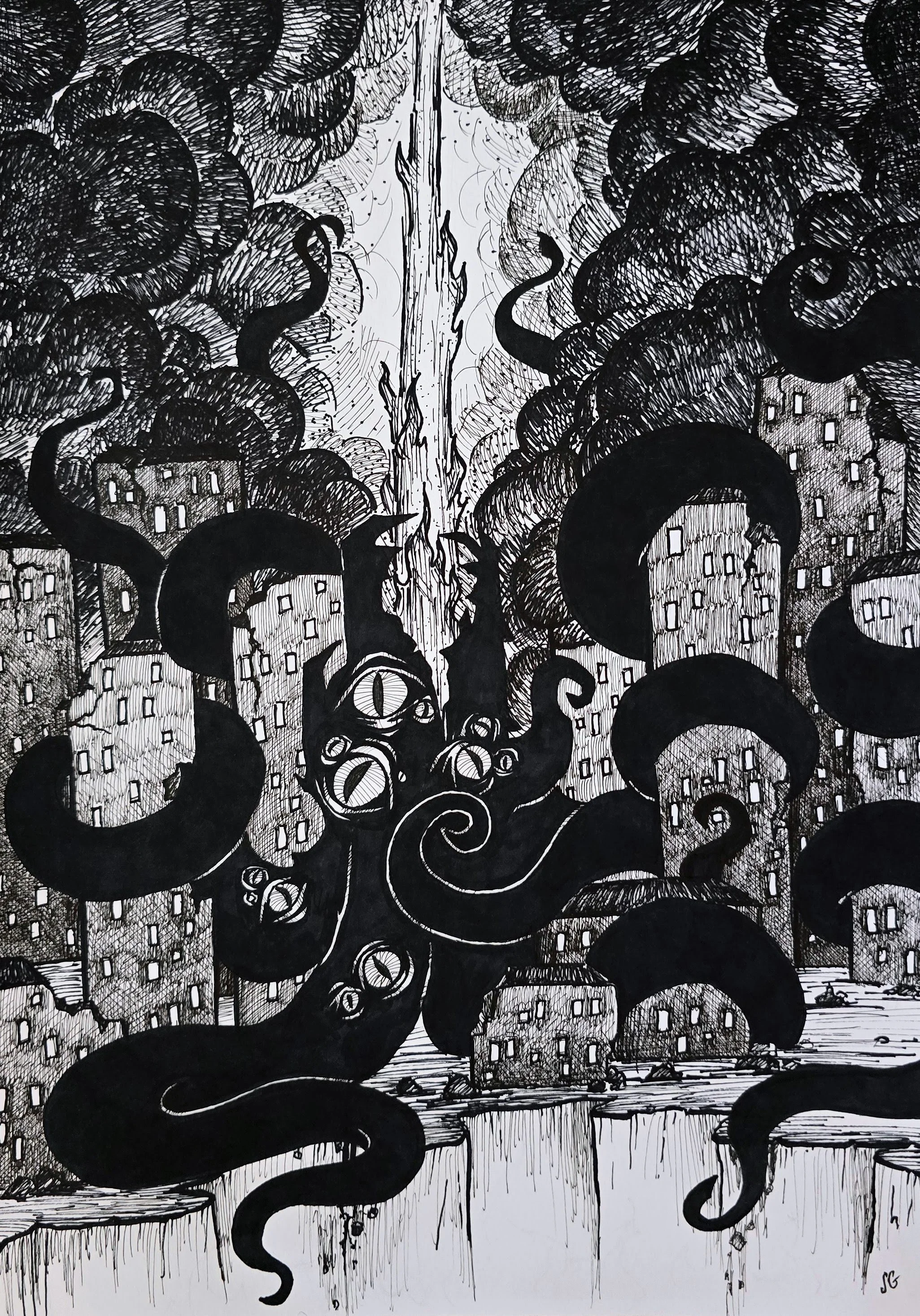 Black and white abstract illustration depicting sinister buildings with numerous windows on either side of a central area filled with large, twisting black serpents and cloud-like formations. The overall mood is dark and ominous, with dripping effect