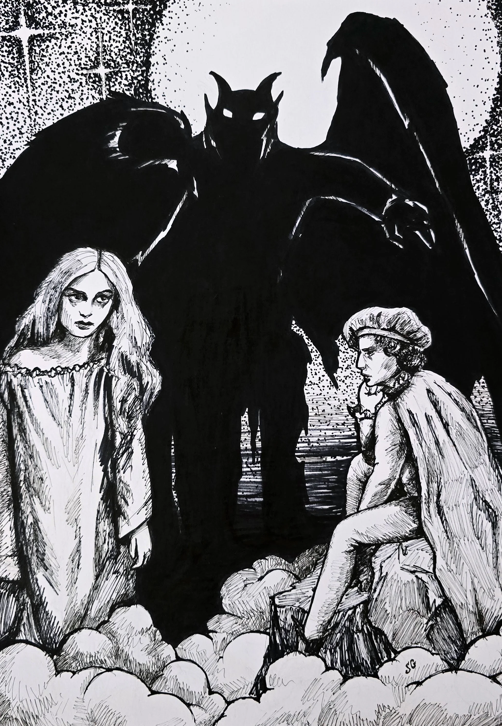 A black and white drawing of a dark, towering demon with glowing eyes, large wings, and horns, surrounded by rocks and two human women at its feet, one with long hair and the other with short hair and glasses, in a natural setting. Inspired by Faust.