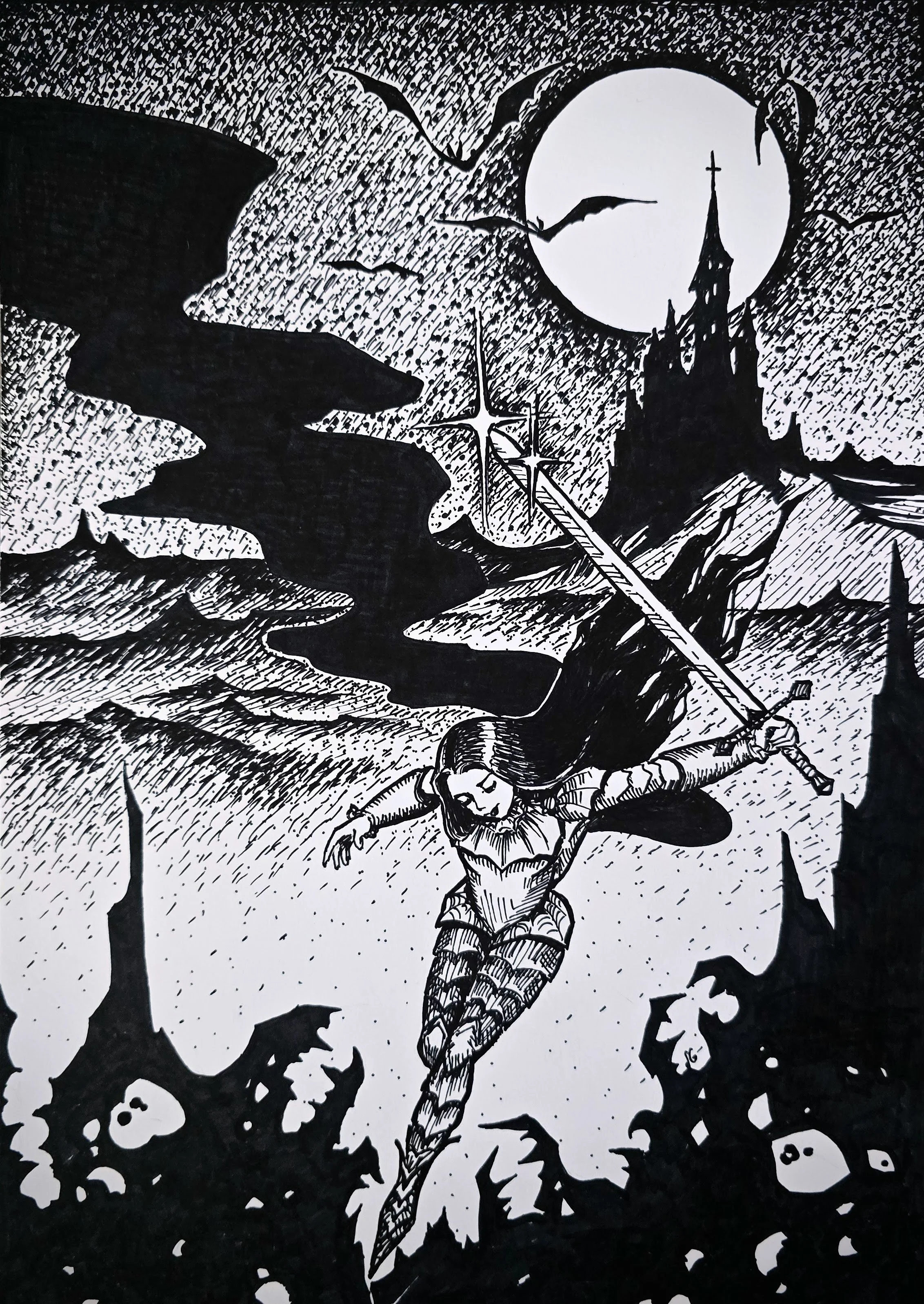 Black and white illustration of female warrior holding a longsword and fighting monsters amidst jagged rocks, with a full moon and bats in the background.