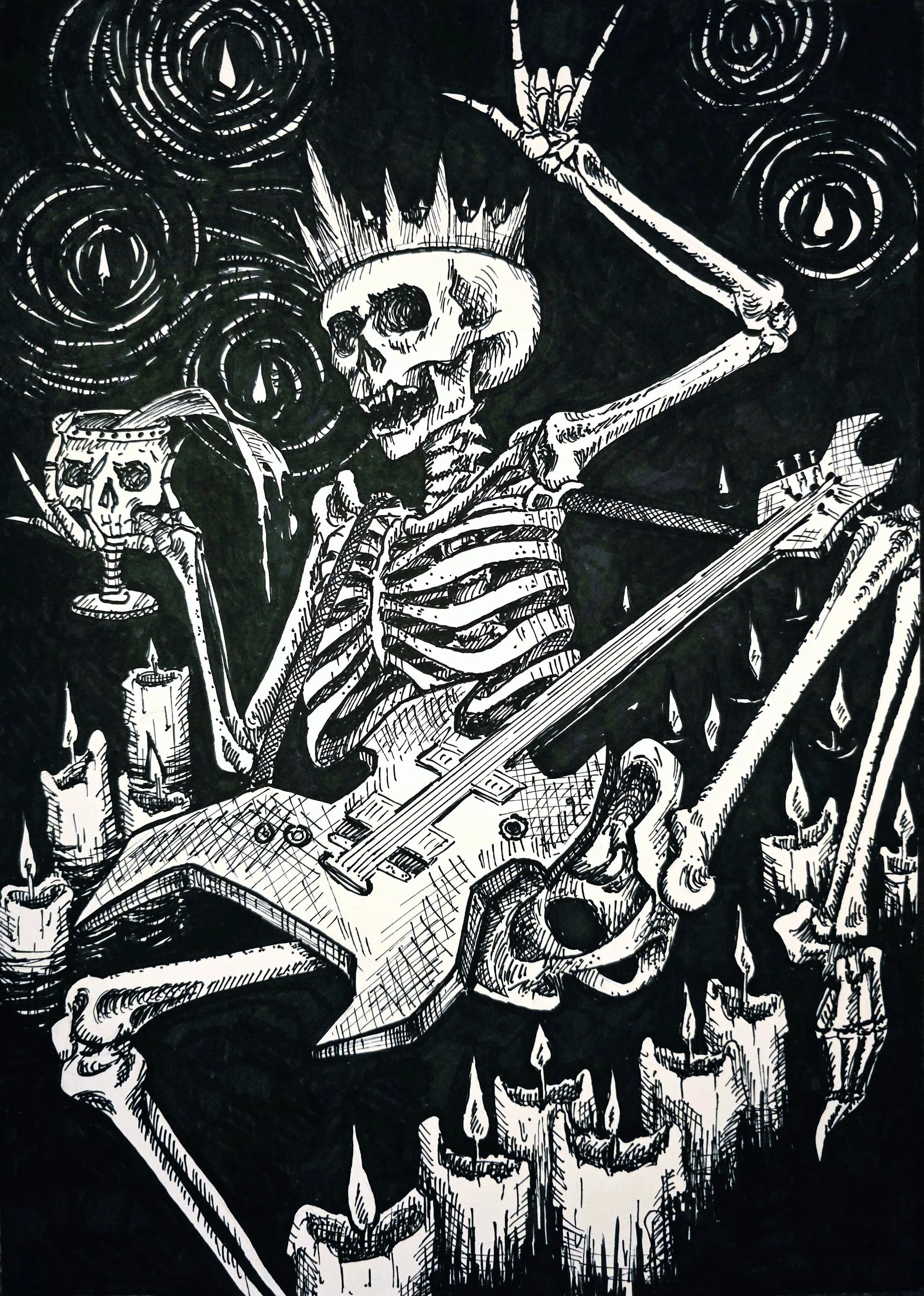 A black and white drawing of a party skeleton with a skull wearing a crown, holding a sword in one hand and a goblet in the other, surrounded by candles and dark water.