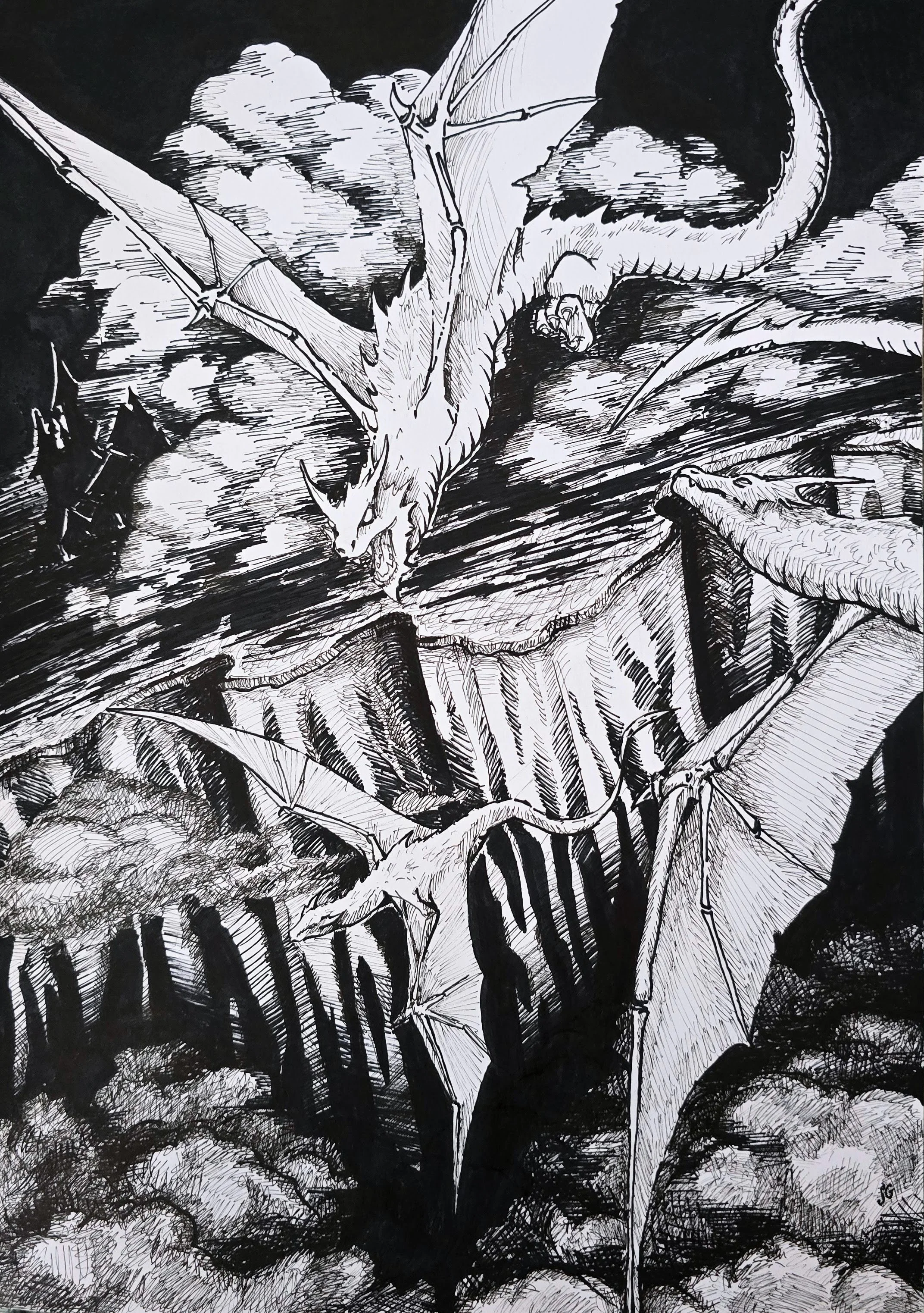 Black and white ink drawing of a dragons with outstretched wings amidst large and clouds in the background.