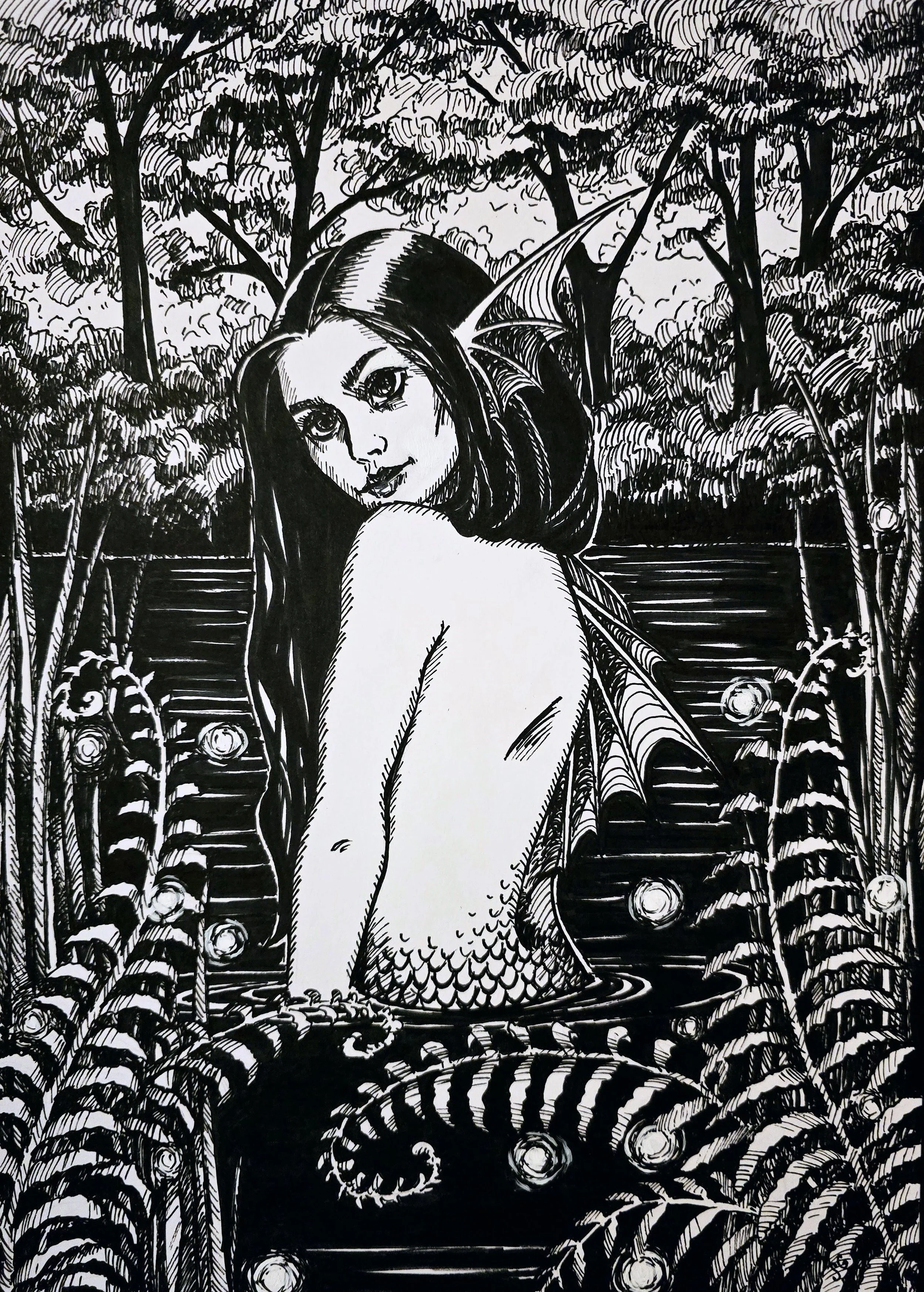 Black and white sketch of a mermaid with long hair, looking over her shoulder standing in a pond surrounded by trees and foliage.
