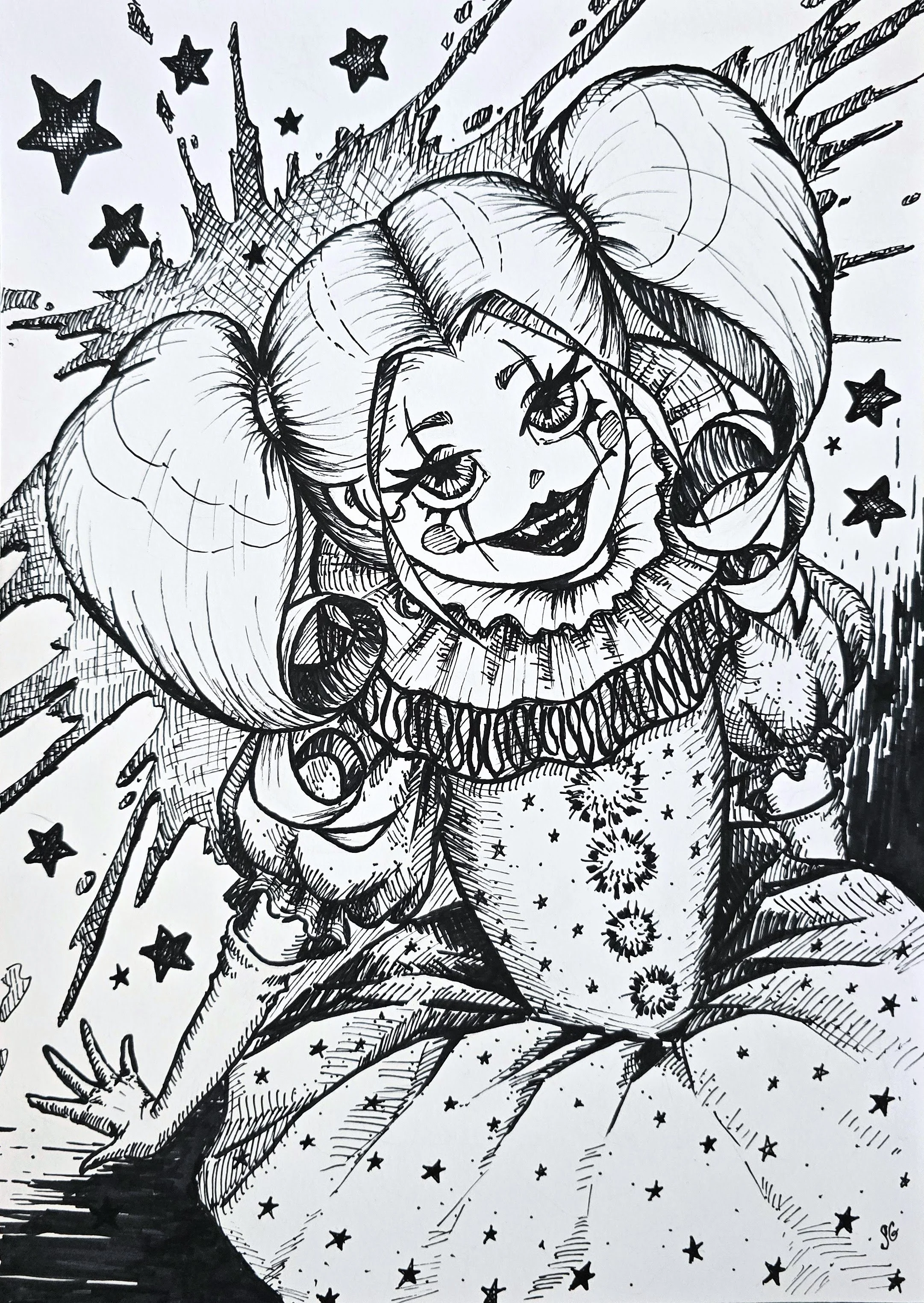 Black and white ink drawing of a joyful young harley quinn girl with pigtails, wearing a star-patterned dress, reaching out with one hand, surrounded by stars and comic-style lines.