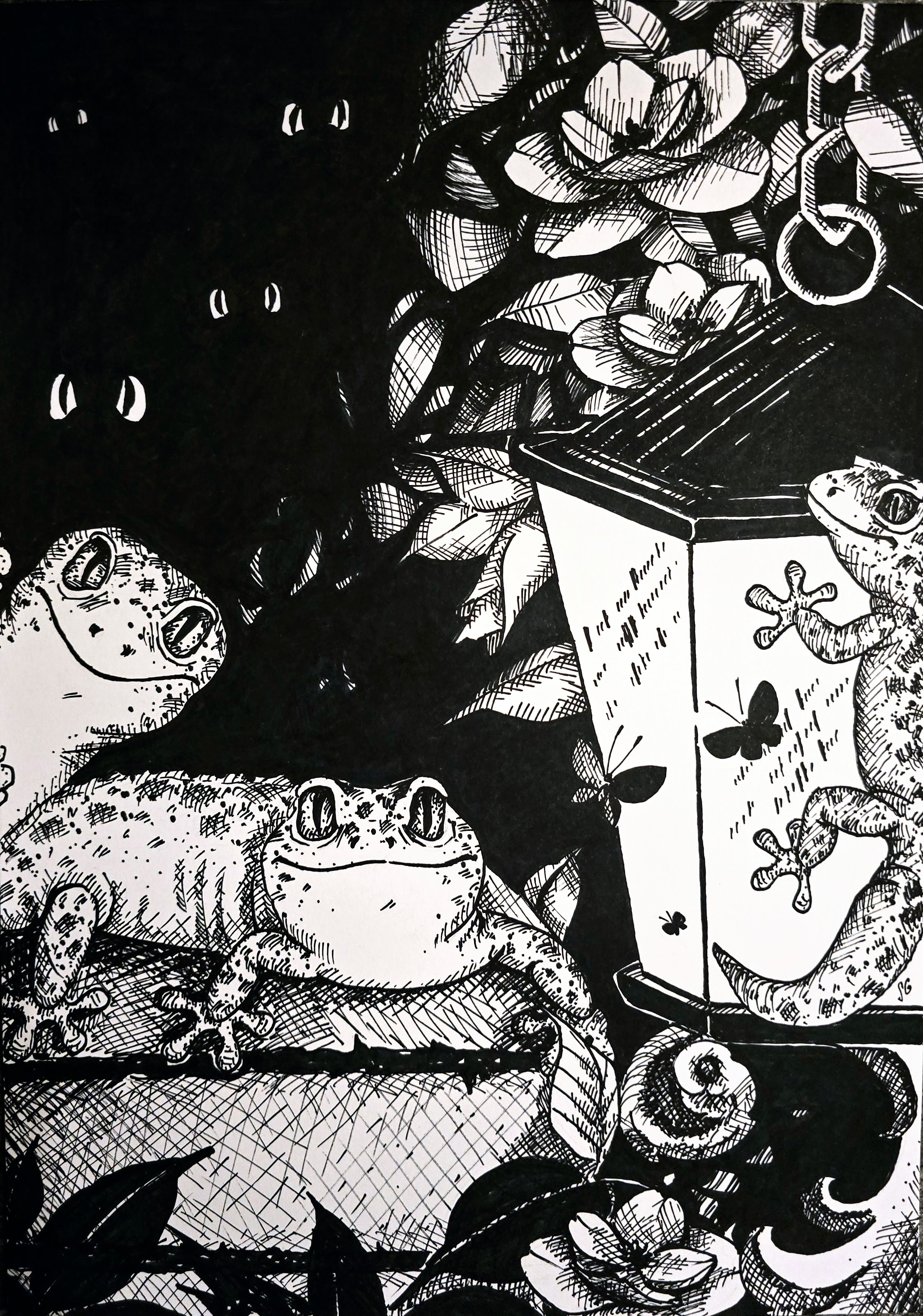 Black and white illustration of gekkos and leaves, with some frogs appearing large and others smaller, surrounded by flowers and a butterfly.