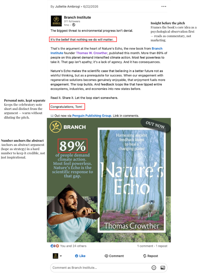 Launch post for Branch founder Tom Crowther's book. Framed the core argument — that belief in change is a prerequisite for action, not wishful thinking — as a psychological insight before it reads as a pitch, anchored by a hard stat (89%) to keep it 