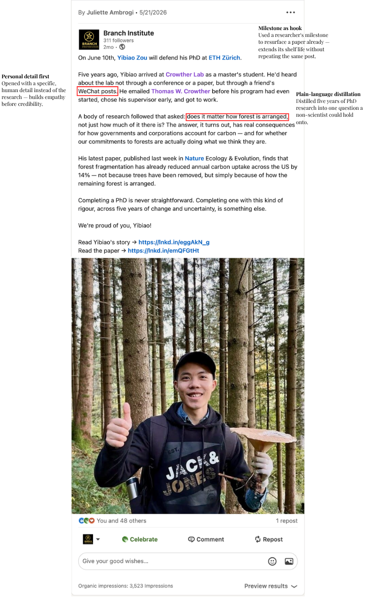 A milestone post marking Yibiao's PhD defense, used to resurface his fragmentation research for a second wave of engagement without repeating the original post. Opened with a personal detail (an email sent before his program even started) to build em