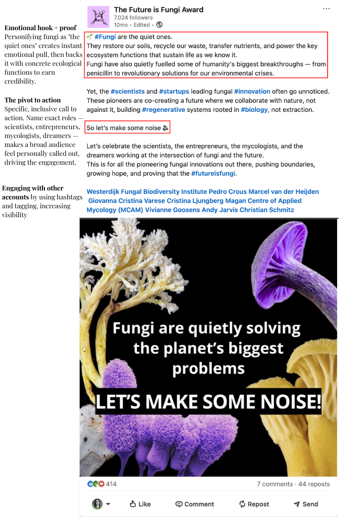 Copy editing for The Future is Fungi Award's LinkedIn post, sharpening the hook and call-to-action to rally the fungal science community around the international award. 