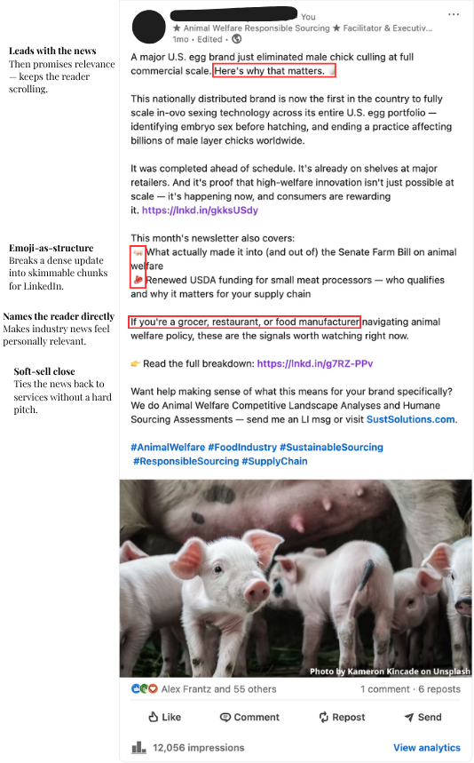 Written for CEO of Sustainable Solutions Group, covering breaking animal welfare industry news for a B2B food industry audience — translating policy and supply chain developments (in-ovo sexing technology, Farm Bill provisions, USDA funding) into act