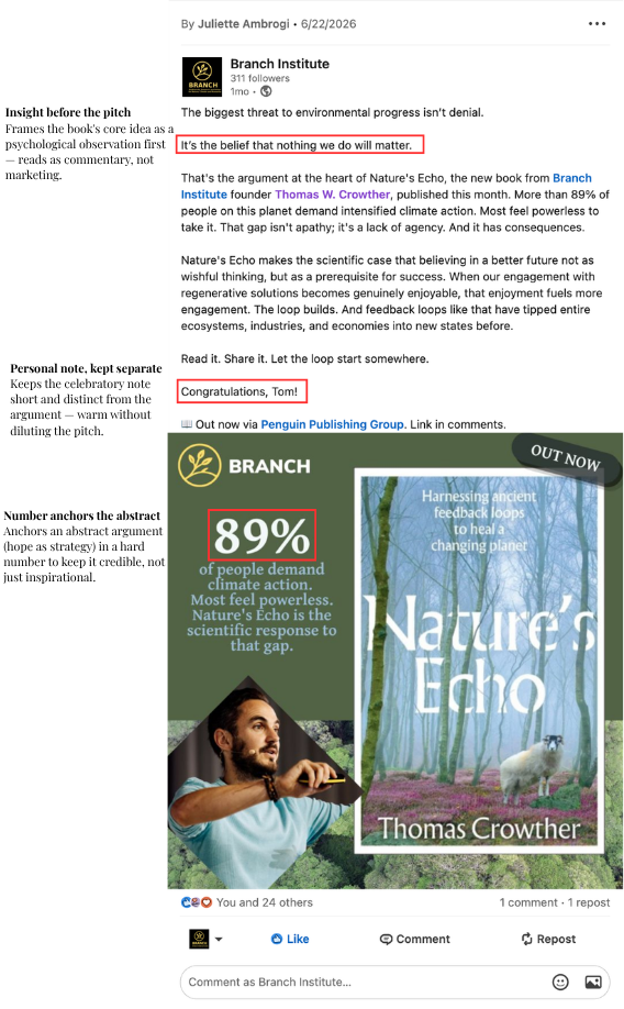 LinkedIn copy for Branch Institute announcing founder Thomas Crowther's new book, Nature's Echo — translating the book's core argument (belief in change as a driver of climate action) into a shareable social post.