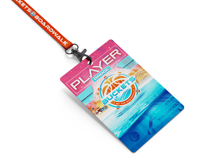 Example Buckets By The Boardwalk player badge and lanyard