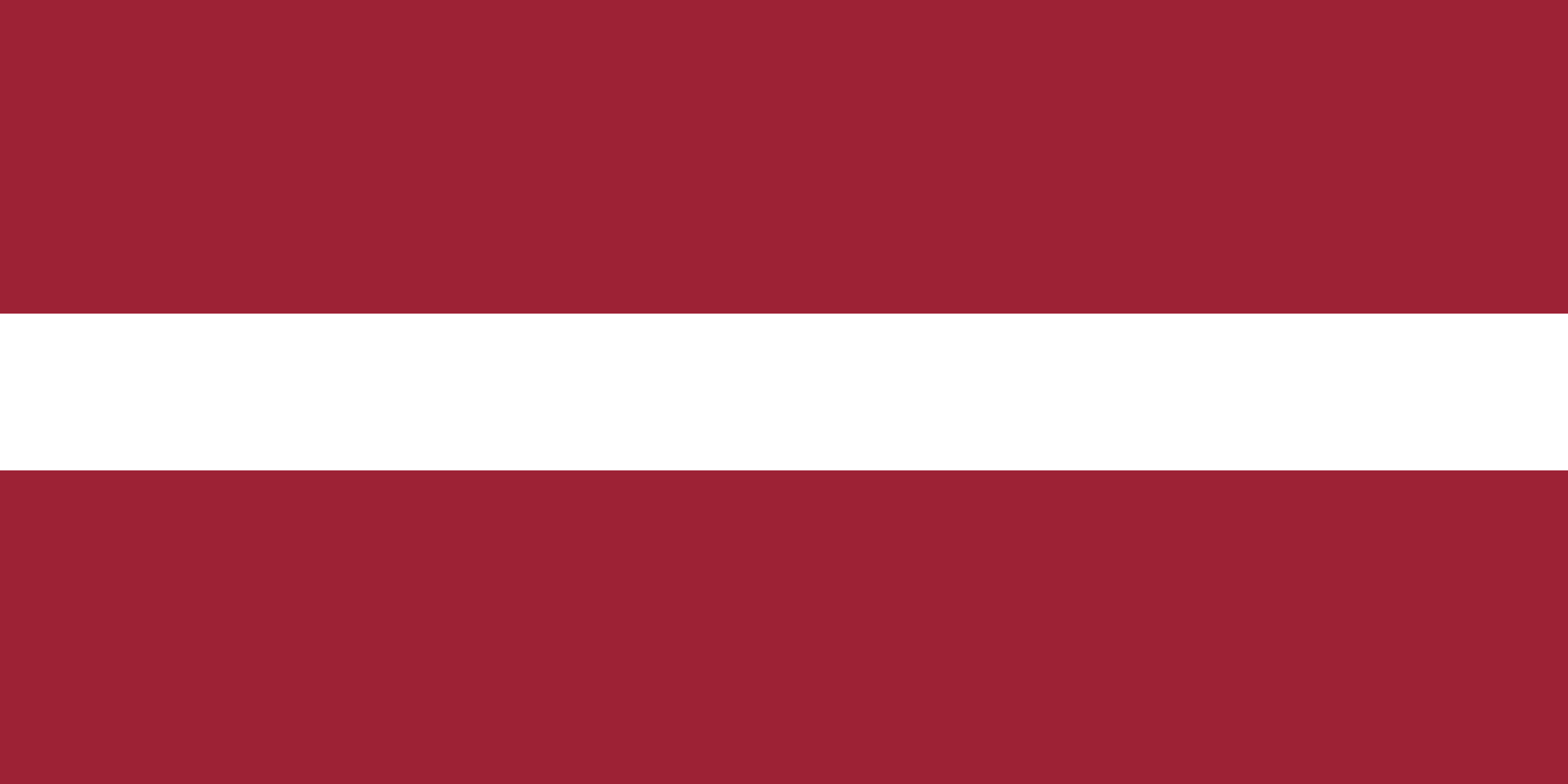 Latvian national flag with two horizontal maroon stripes and a central white stripe.