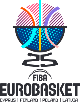 Logo of FIBA EuroBasket with a stylized basketball design and event details for Cyprus, Finland, Poland, and Latvia.