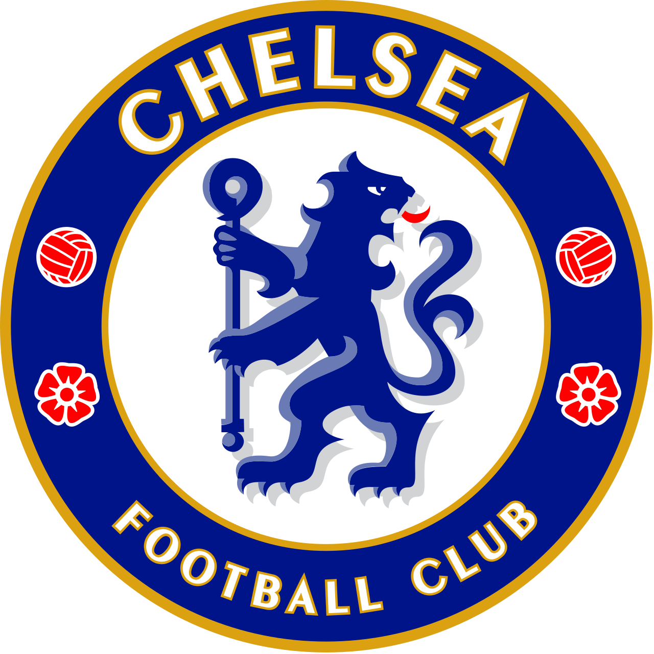 The Chelsea Football Club logo featuring a blue lion holding a staff, with red roses, footballs, and a blue and gold border.