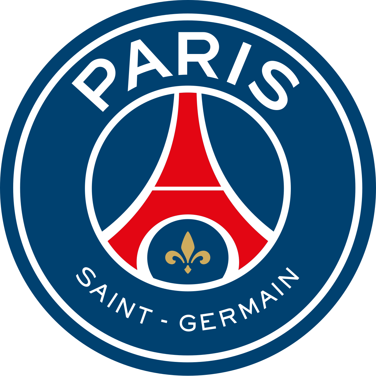 The Paris Saint-Germain logo featuring a red Eiffel Tower, a gold fleur-de-lis, and the words 'PARIS' and 'SAINT-GERMAIN' in a circular design.