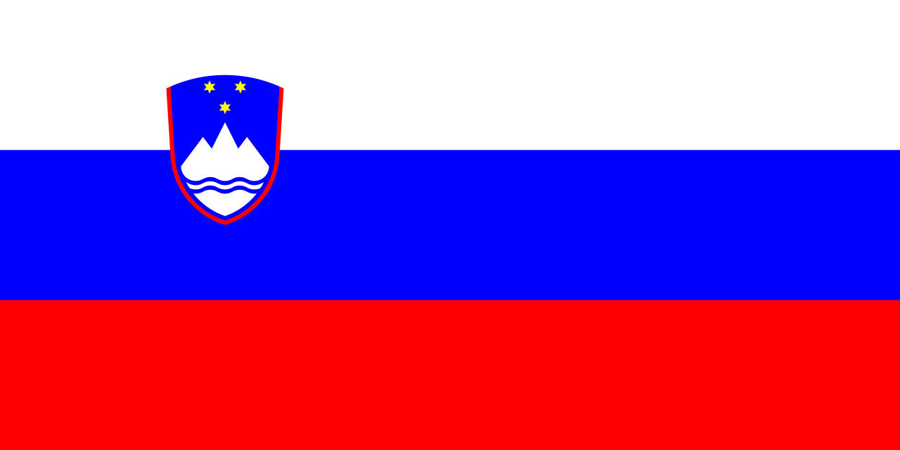 Flag of Slovenia with horizontal stripes of white, blue, and red, and a shield emblem in the upper left corner featuring mountains, waves, and three stars.