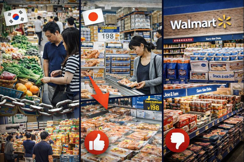 Comparison of local Asian fresh markets and Walmart stores showing why global retail models struggle in Asia.
