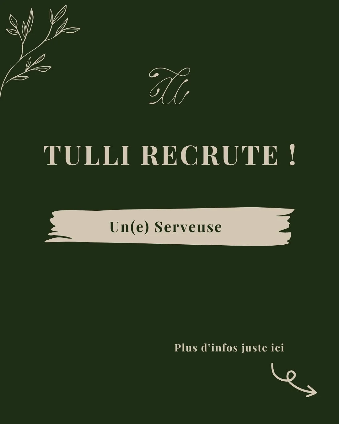 L’équipe Tulli s’agrandit 🌱
Nous recrutons un(e) serveur(se) en CDI pour accompagner le bel élan de cette fin d’année ✨
Si vous aimez le service soigné, le contact humain et l’ambiance d’une