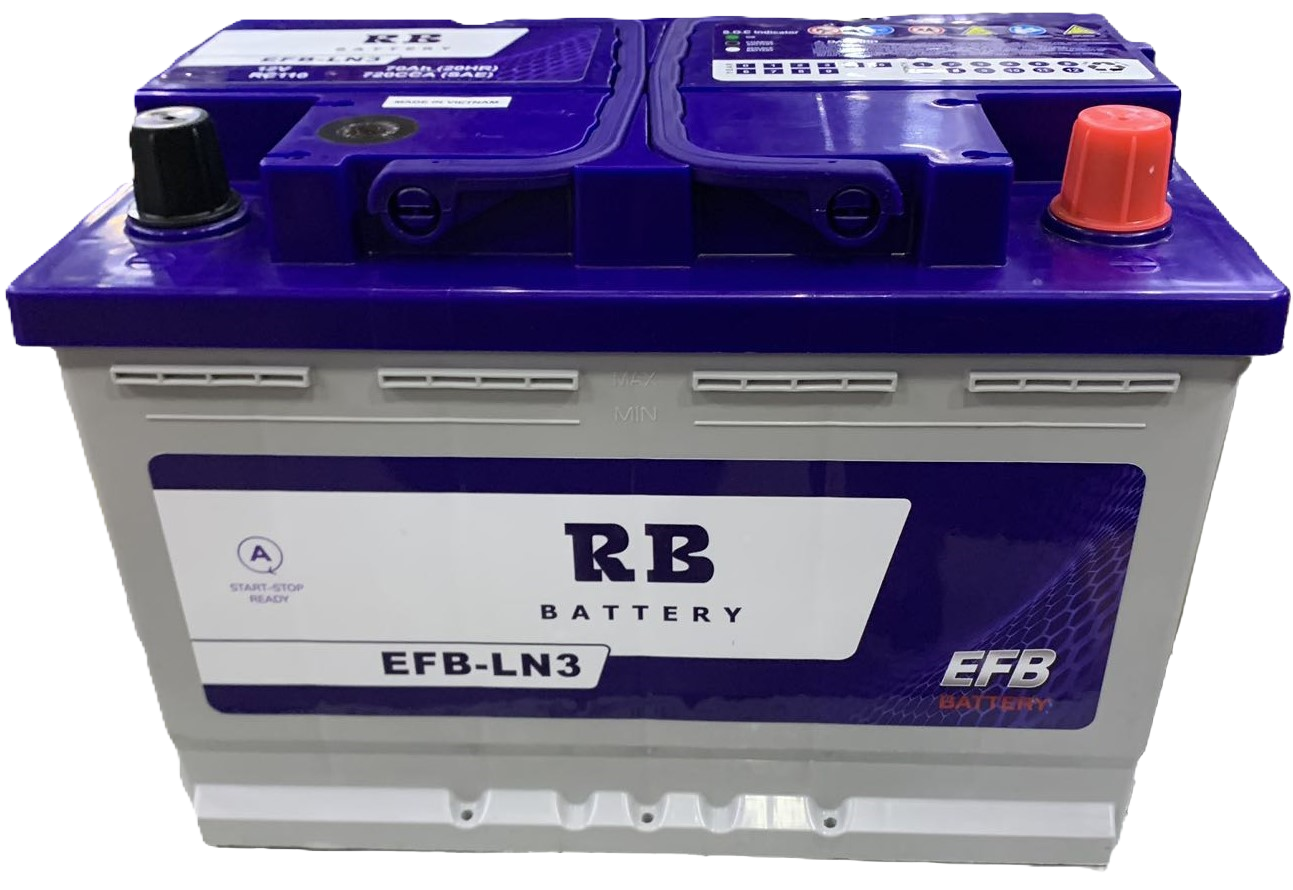 A silver car battery with purple top, labeled 'RB Battery' and model 'iEF-B-LN3', featuring black and red terminal caps.