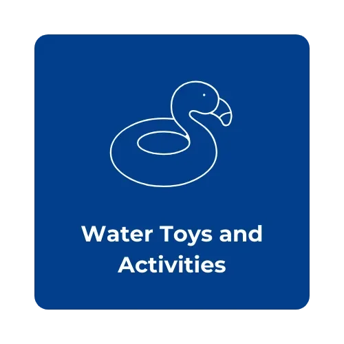 Logo with a simple outline of a swimming ring and a duck's head, and the text 'Water Toys and Activities' on a blue background.