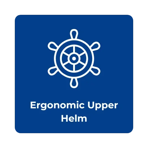 Blue sign with a white ship wheel icon and the text 'Ergonomic Upper Helm'.