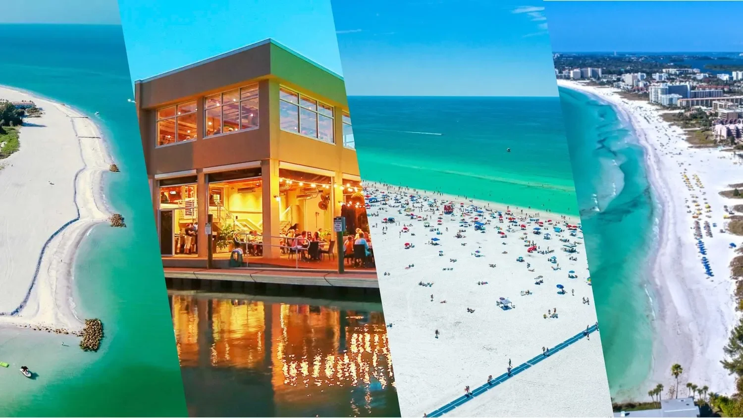 Collage of four beach scenes including aerial view of shoreline, a modern waterfront restaurant, crowded sandy beach with umbrellas, and a secluded beach with a pier.