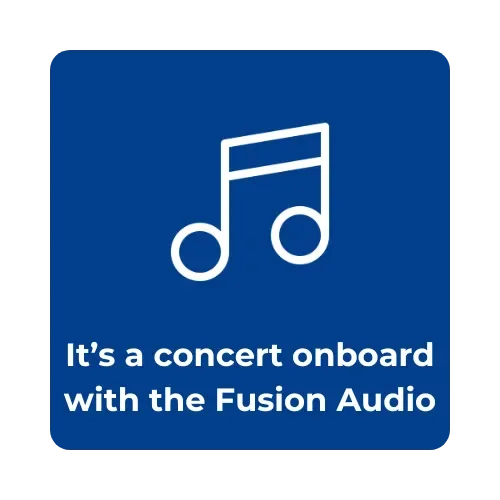 Blue background with a white music note icon and text that reads, 'It's a concert onboard with the Fusion Audio.'