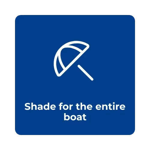 Icon of a beach umbrella with the text 'Shade for the entire boat' on a blue background.