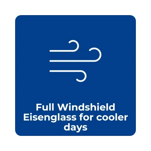 Icon of wind with text 'Full Windshield Eisenglass for cooler days' on a blue background.