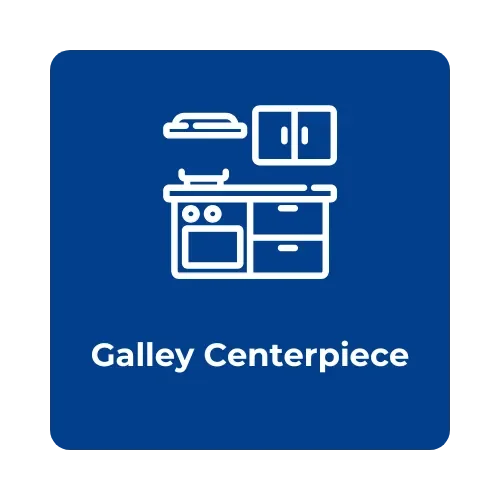 Icon of a kitchen with countertop, stove, cabinet, and a shelf, labeled 'Galley Centerpiece' on a blue background.