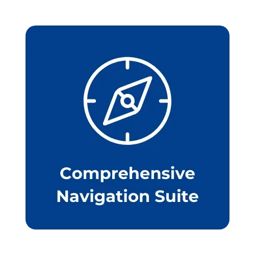 Blue square icon with a white compass symbol and the text 'Comprehensive Navigation Suite'