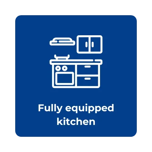 Icon of a kitchen with a stove, cabinets, and a shelf, along with the text 'Fully equipped kitchen' on a blue background.