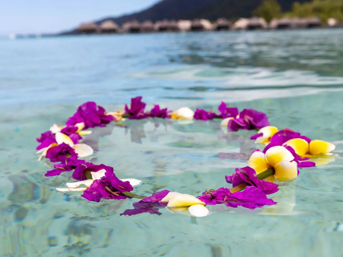A heart-shaped flower arrangement floating on clear water with purple and white flowers, with overwater bungalows and a mountain in the background.