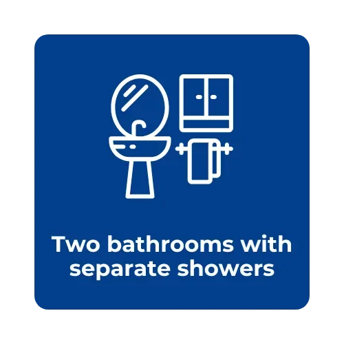 Icon of two bathrooms with separate showers, including a mirror with lights, a cabinet, a sink, and a towel bar.