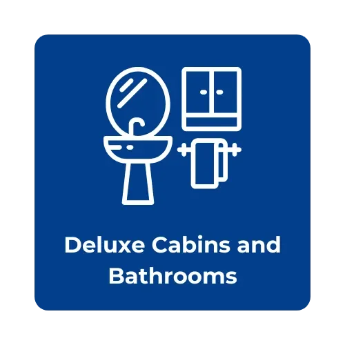 Icon of a bathroom with a sink, mirror, and towel, with text 'Deluxe Cabins and Bathrooms' on a blue background.