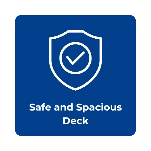 Icon with a shield and checkmark above the text 'Safe and Spacious Deck' on a blue background.